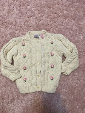 Cream Cable-Knit Cardigan with Pink Rose Embroidery